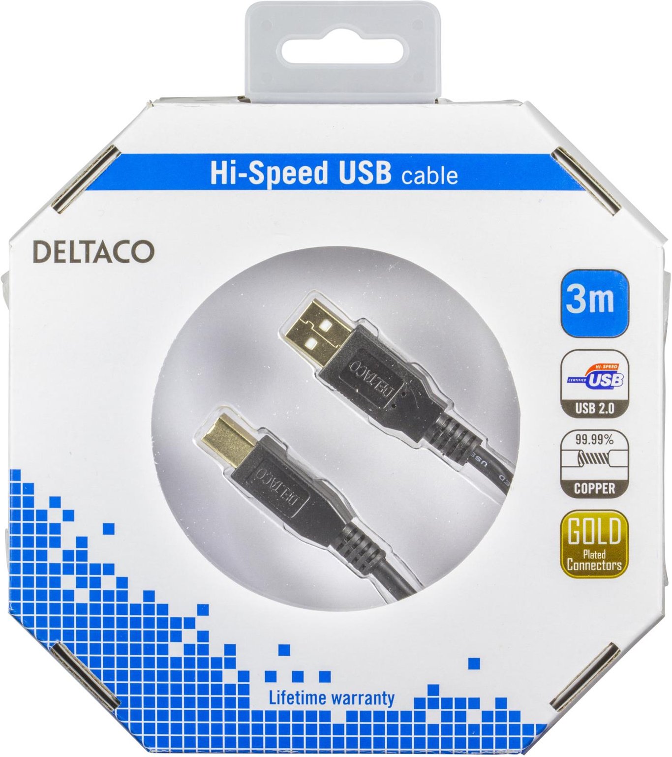 Deltaco USB 2-kabel A-B hane/hane 3,0m för snabba dataöverföringar och kopplingar