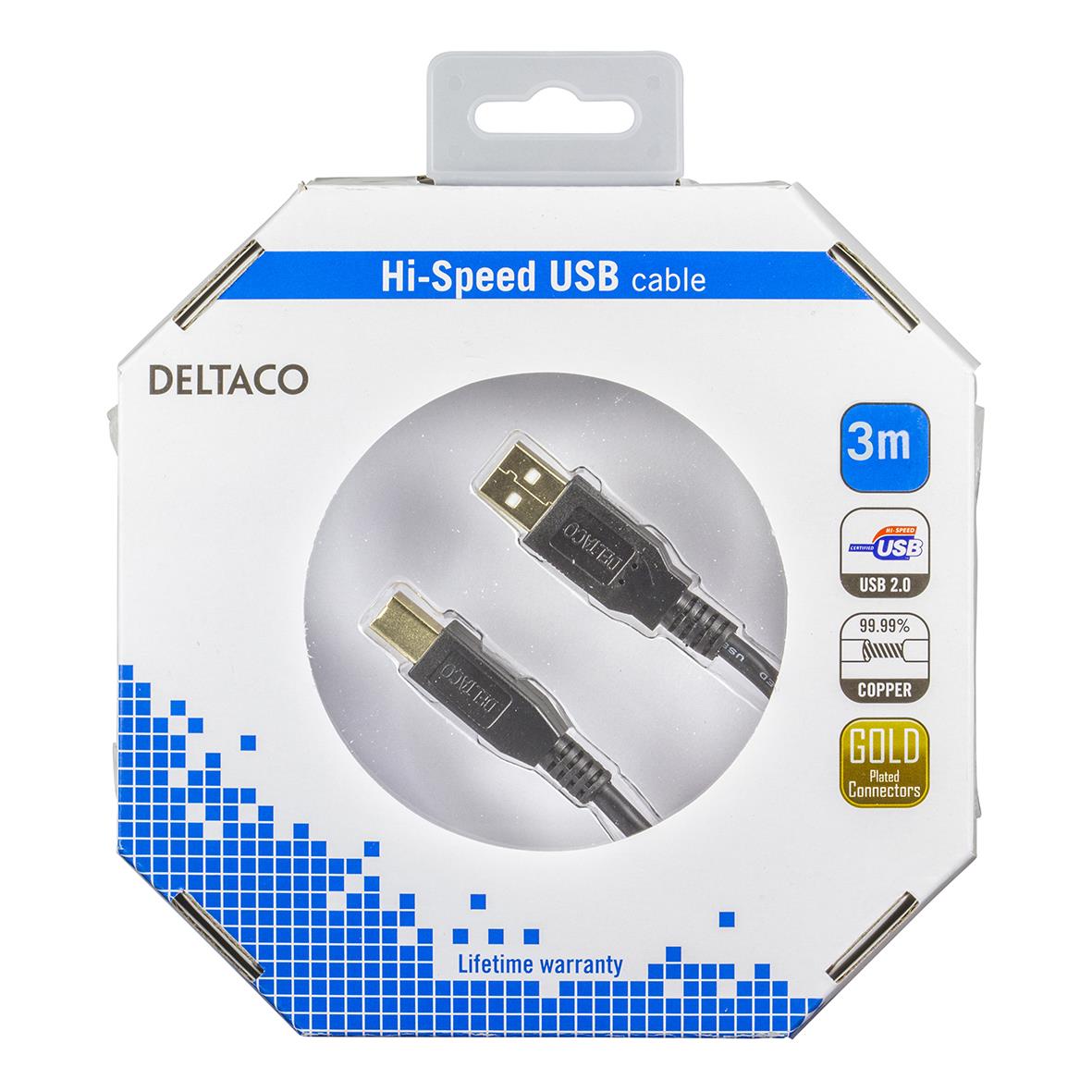 Deltaco USB 2-kabel A-B hane/hane 3,0m för snabba dataöverföringar och kopplingar