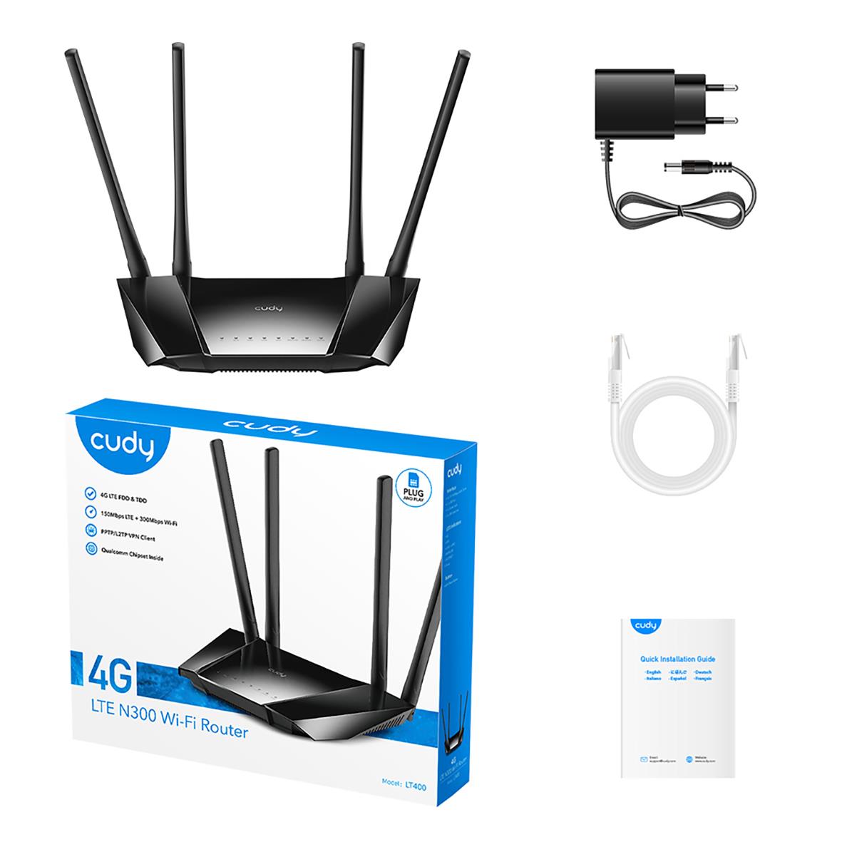 Wi-Fi-router Cudy LT400 Cat 4 N300 4G med antenner, strömadapter, och användarhandbok