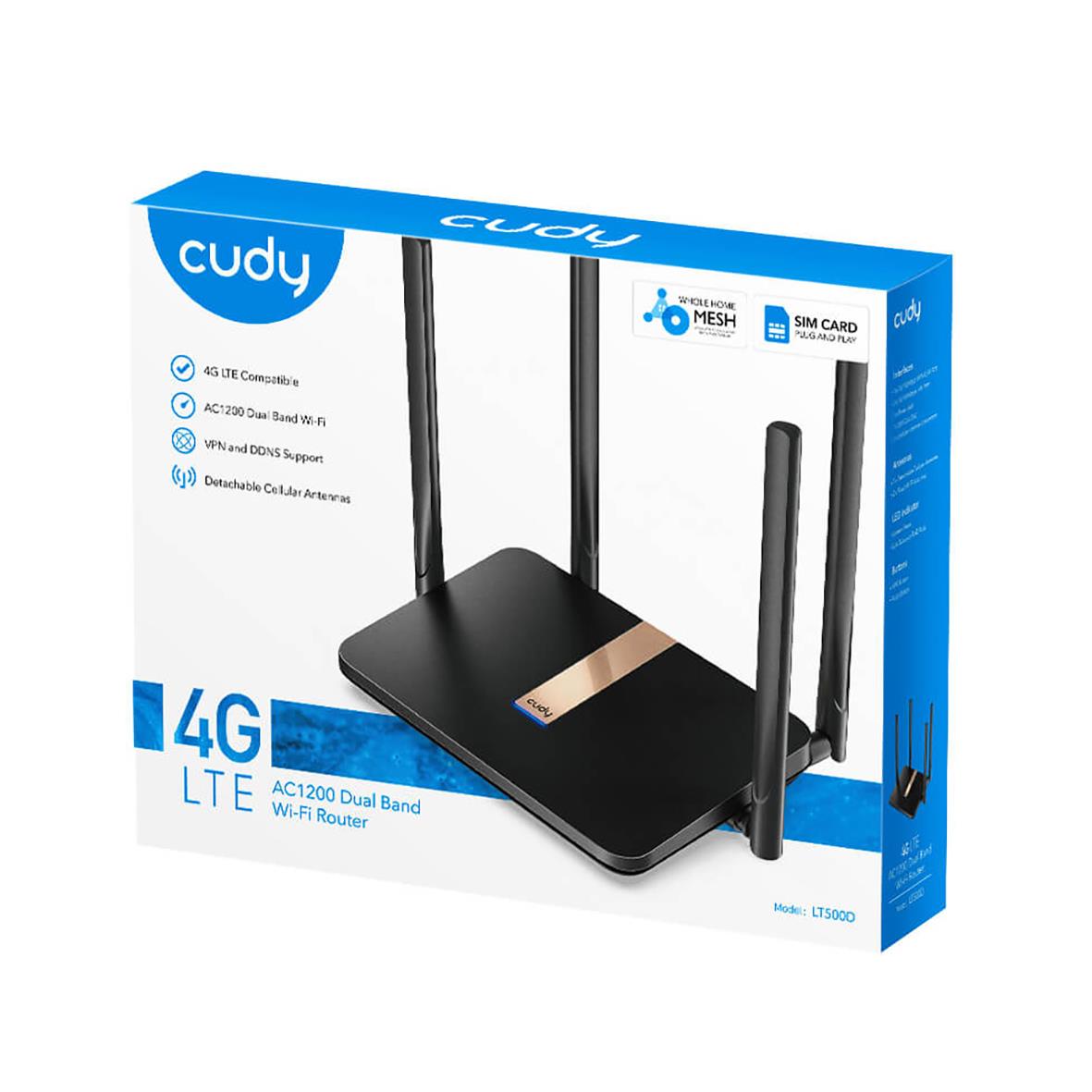 Wi-Fi-router Cudy LT500D med fyra antenner, svart, för 4G LTE och dual band Wi-Fi