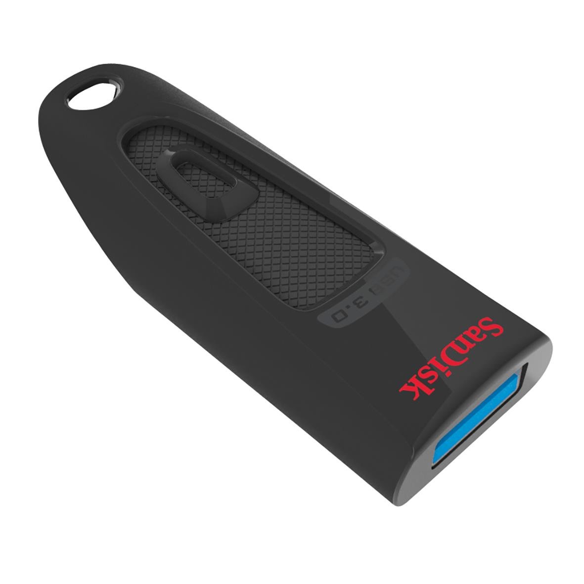 Svart USB-minne Sandisk Ultra 3.0 100MB/s 64GB med blå kontakt och nyckelring