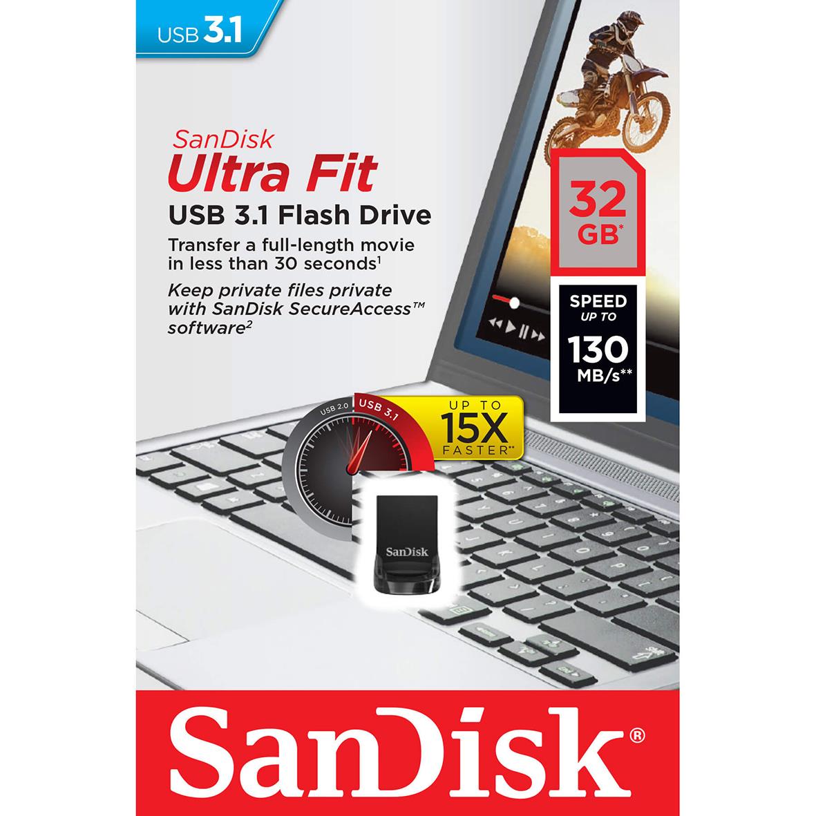 Sandisk UltraFit 3.1 USB-minne 32GB med laptop och cyklist i bakgrunden