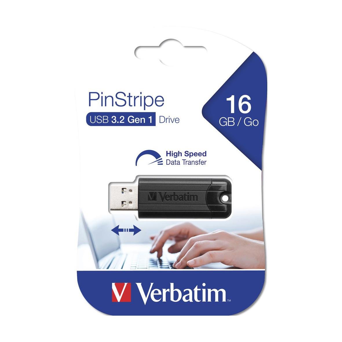 Svart USB-minne Verbatim PinStripe 16GB USB 3.2 för snabb dataöverföring
