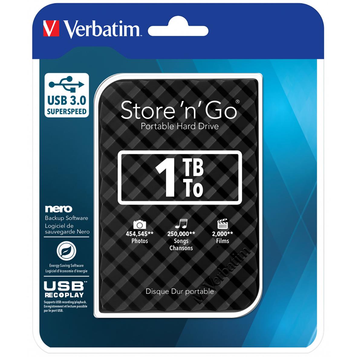 Verbatim Store 'n' Go bärbar hårddisk på 1TB med USB 3.0, kapacitet för 43454 bilder, 250000 låtar och 2000 filmer, i förpackning