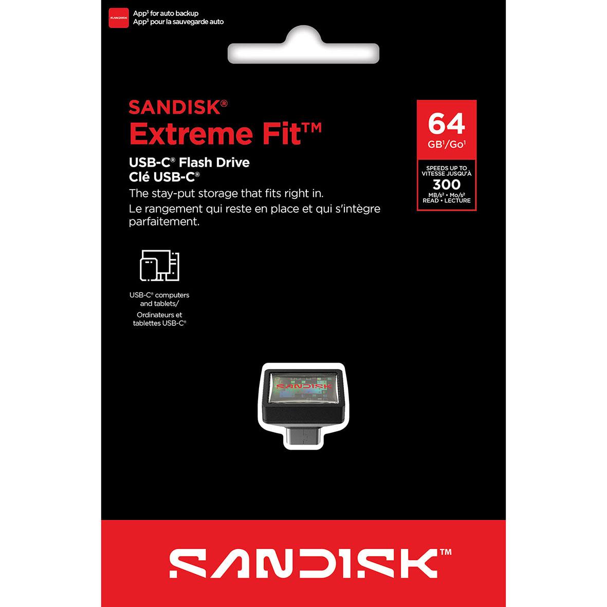 Sandisk Extreme Fit USB-minne 64GB i svart och rött med produktnamn och kapacitet