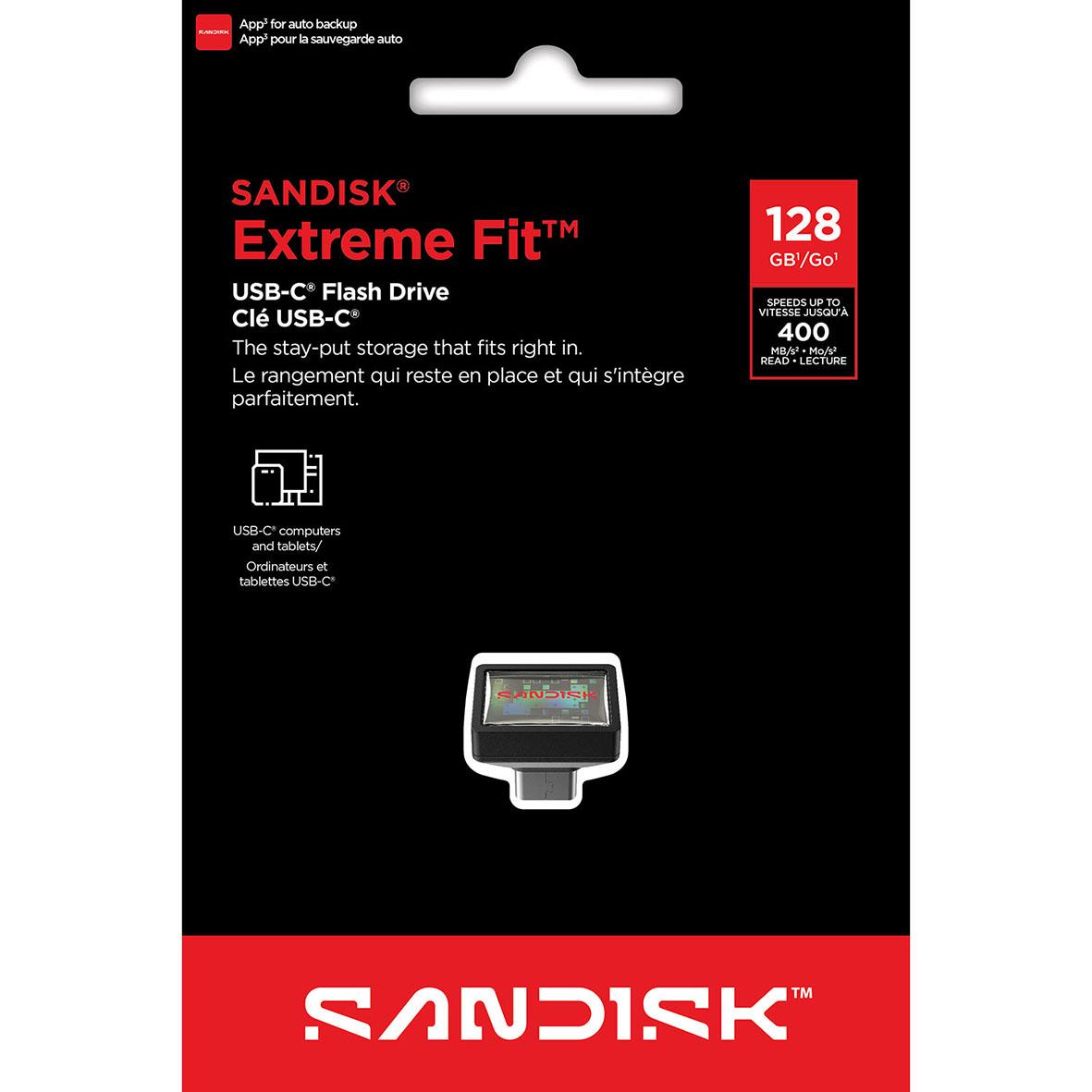 Sandisk Extreme Fit USB-minne 128GB i svart och rött med produktnamn och kapacitet