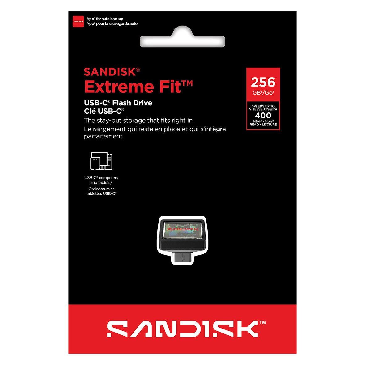 Sandisk Extreme Fit USB-C minnesstick 256GB i svart och rött paket