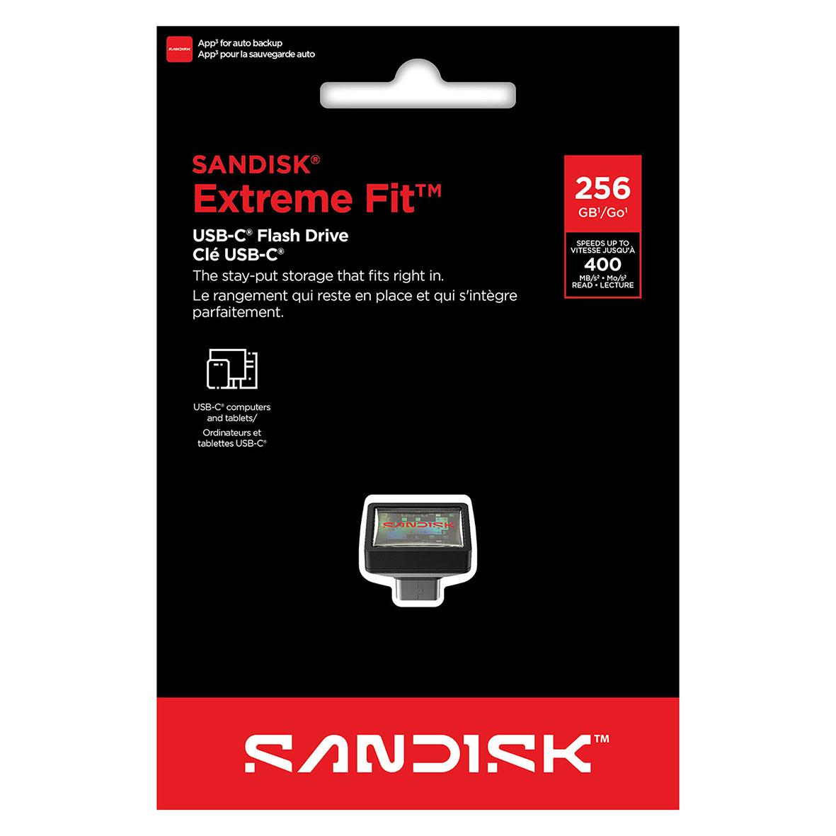 Sandisk Extreme Fit USB-C minnesstick 256GB i svart och rött paket