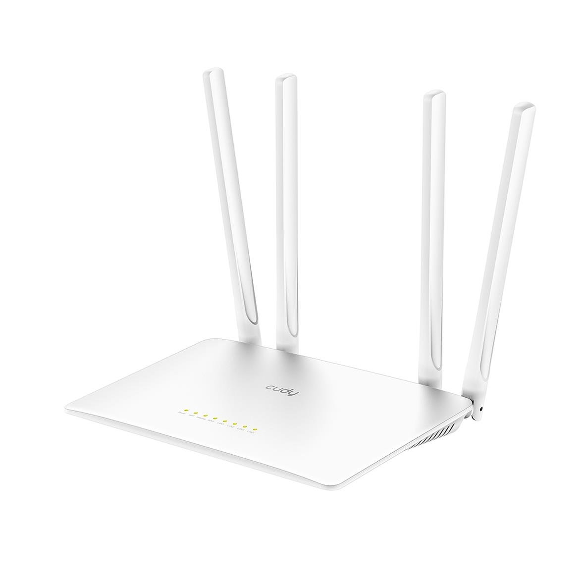 Vit Wi-Fi router Cudy WR1200 AC1200 med fyra antenner
