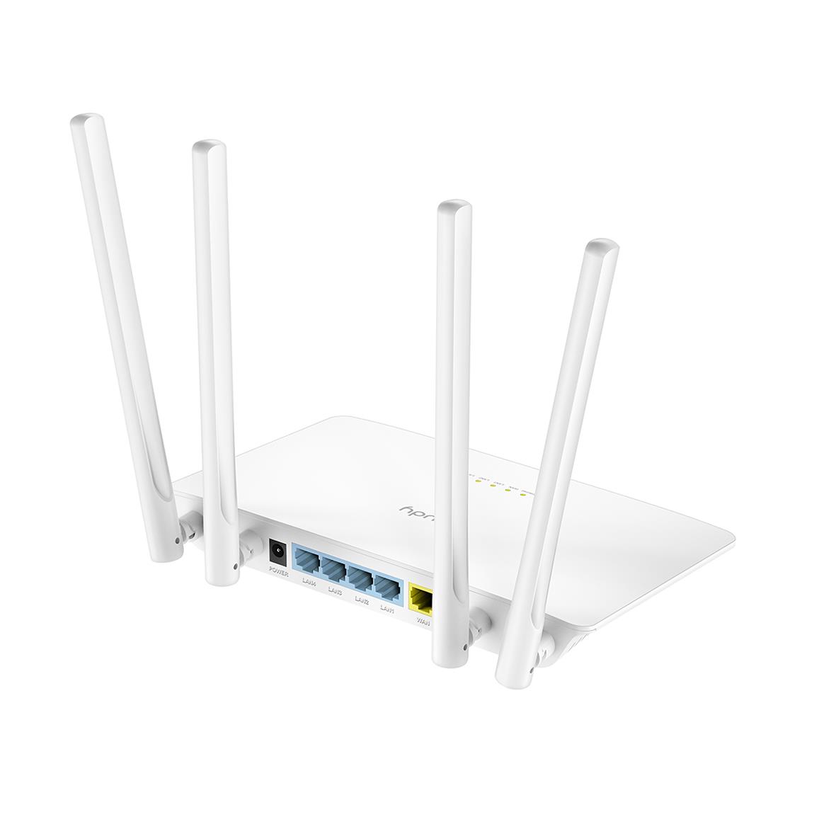 Vit Wi-Fi-router Cudy WR1200 AC1200 med fyra antenner och flera portar