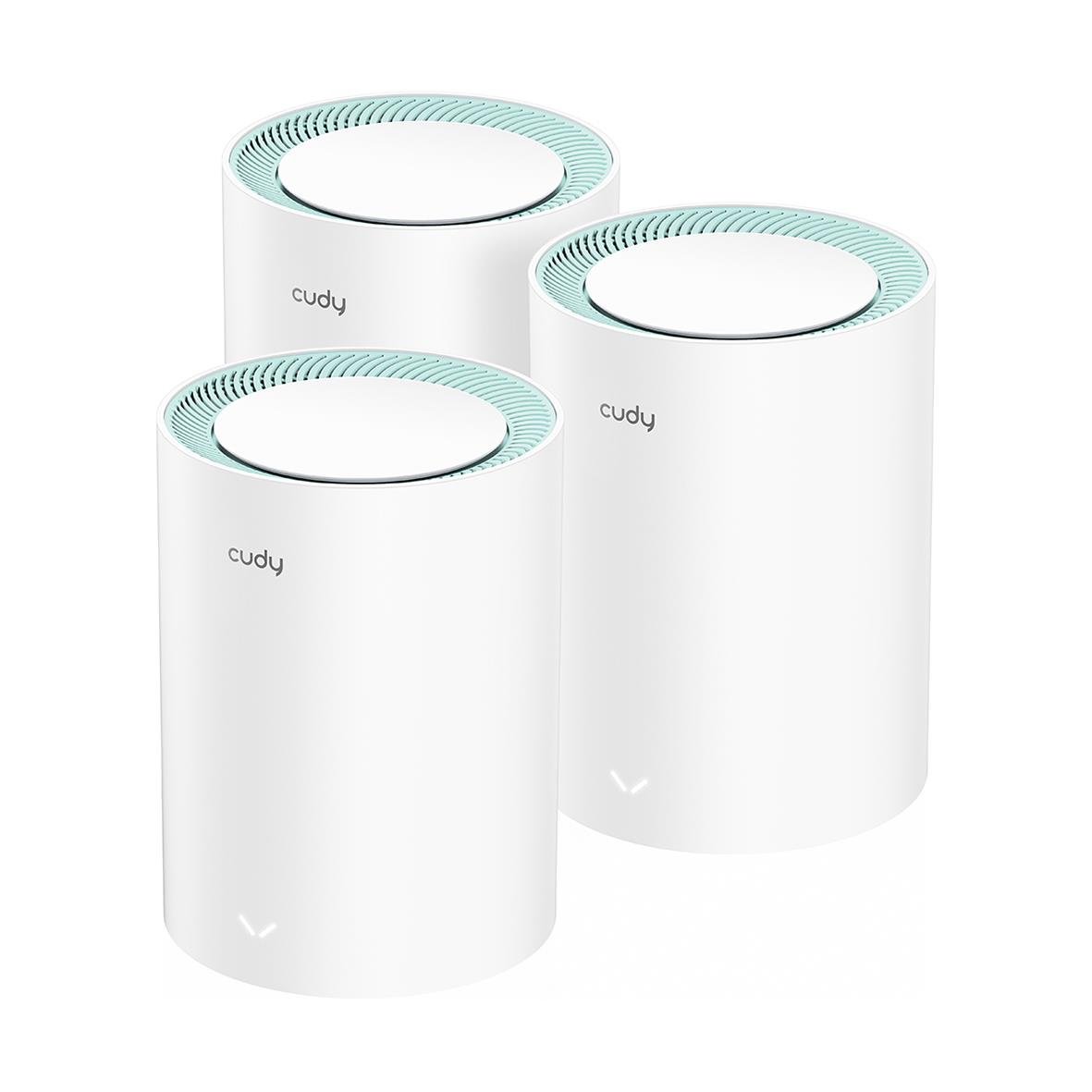Tre vita mesh Wi-Fi routrar Cudy M1300 AC1200 Gigabit för förbättrad trådlös täckning
