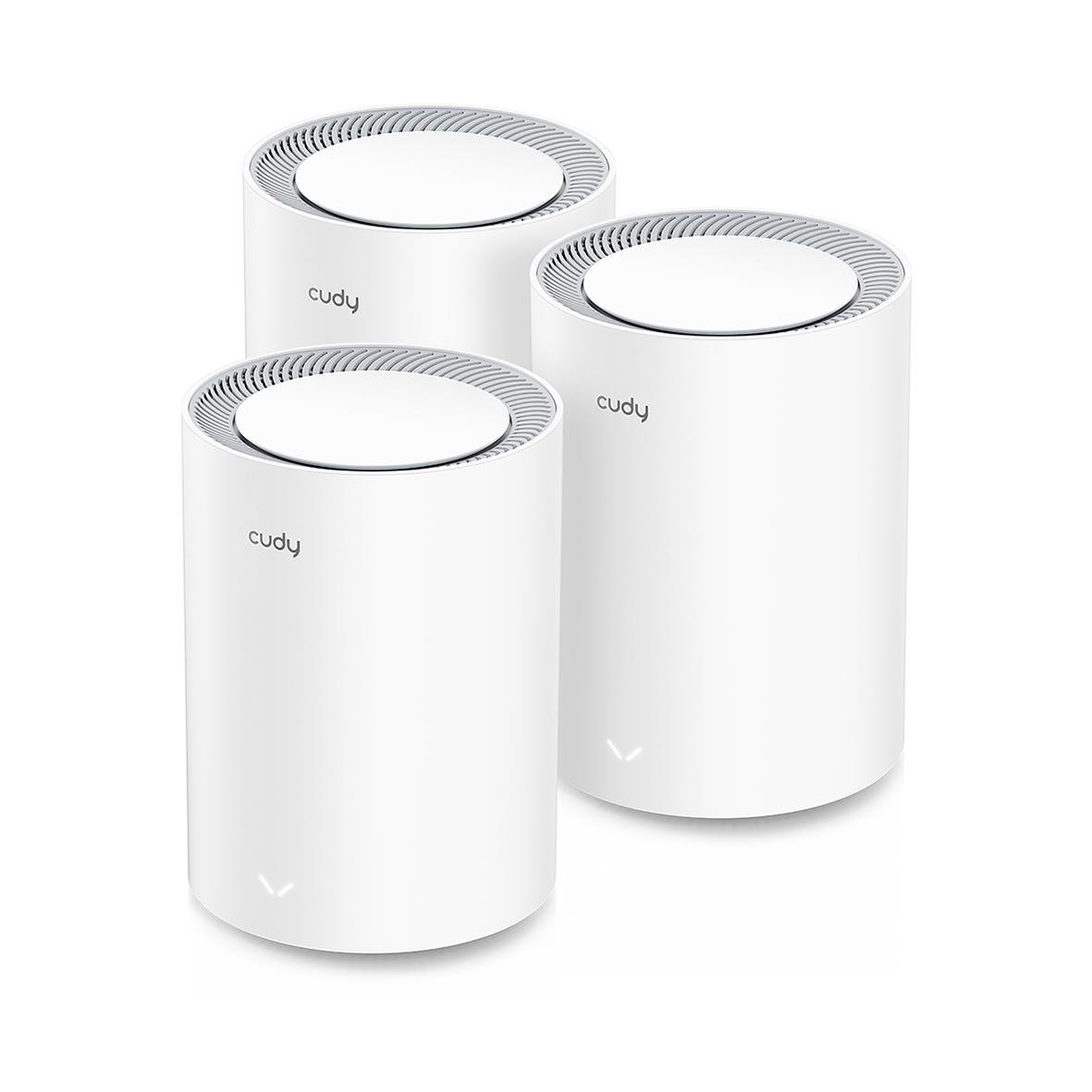 Tre vita mesh Wi-Fi-routrar Cudy M1800 AX1800 med cirkulär design