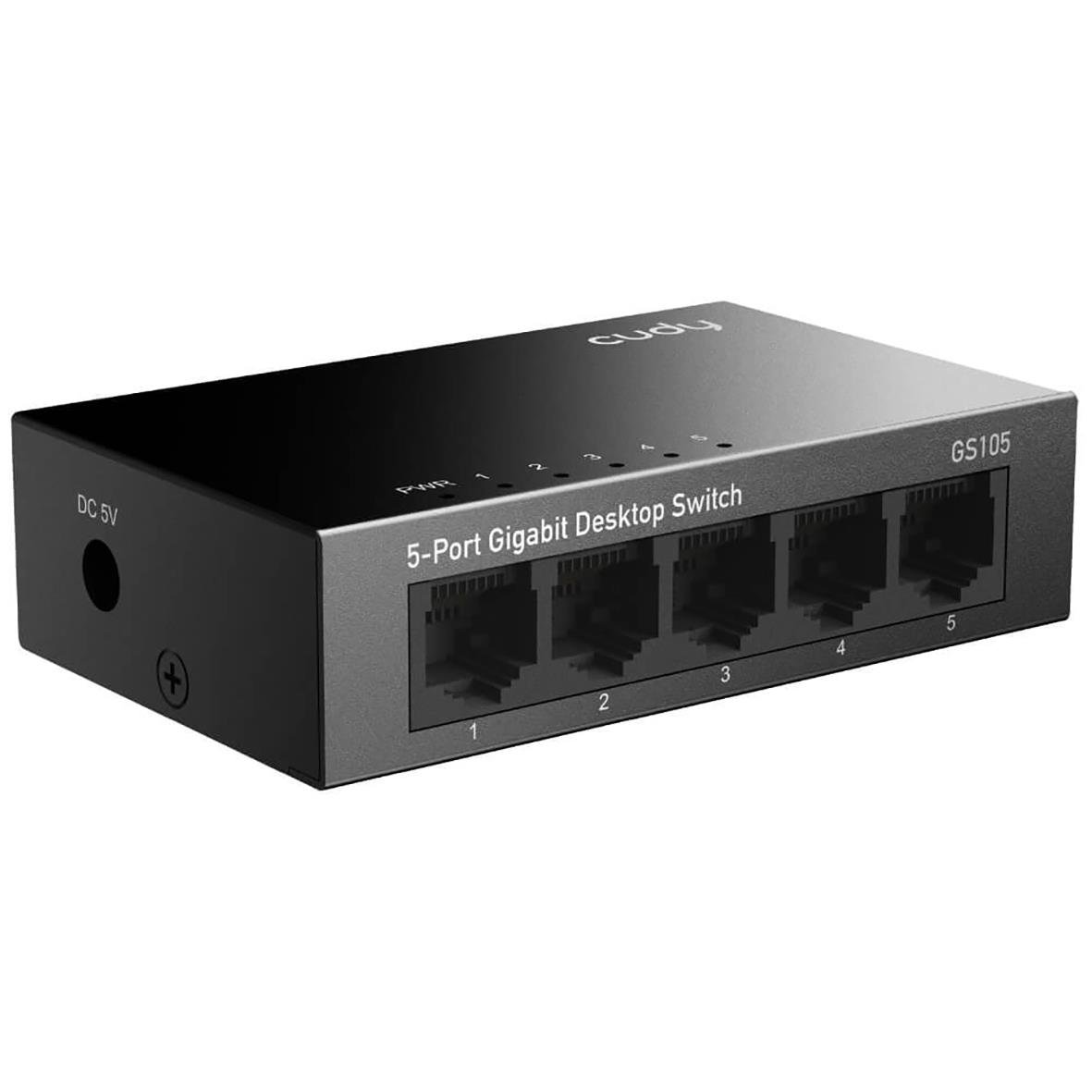 Cudy GS105 5-port gigabit desktop switch i svart med portnummer och nätverkskontakter