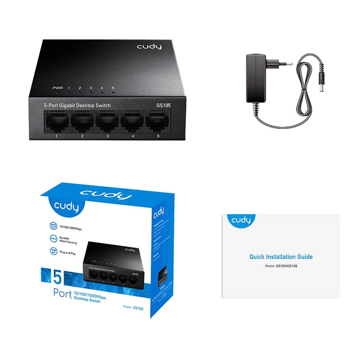 Switch Cudy GS105 5-port Gigabit med strömadapter, förpackning och installationsguide