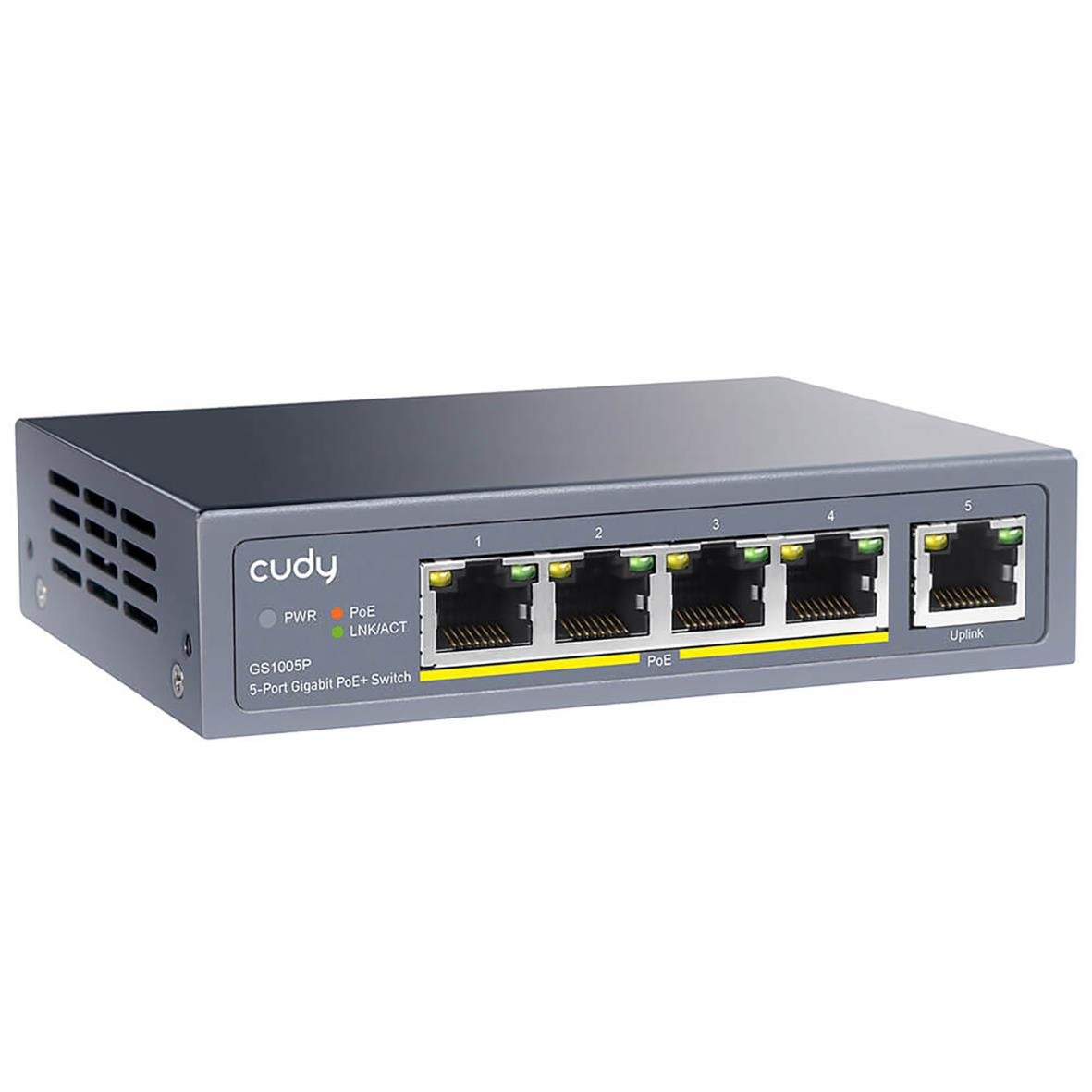 Cudy GS1005P 5-port Gigabit PoE+ switch med 60W, svart och grått, visar fronten med portar och indikatorlampor