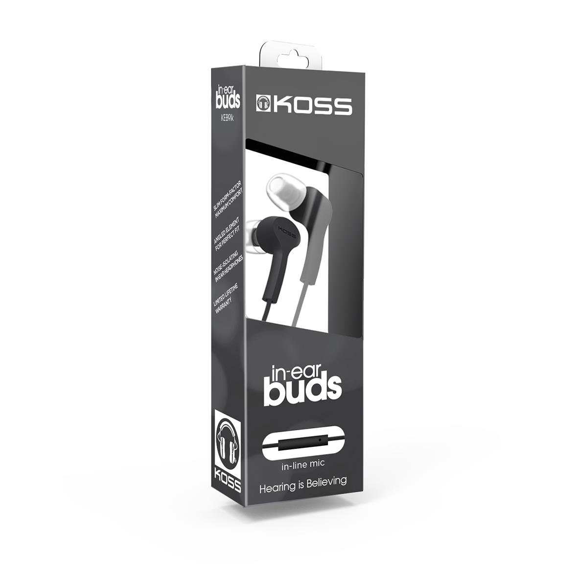Svarta Koss In-Ear hörlurar med mikrofon och 3,5mm anslutning i förpackning