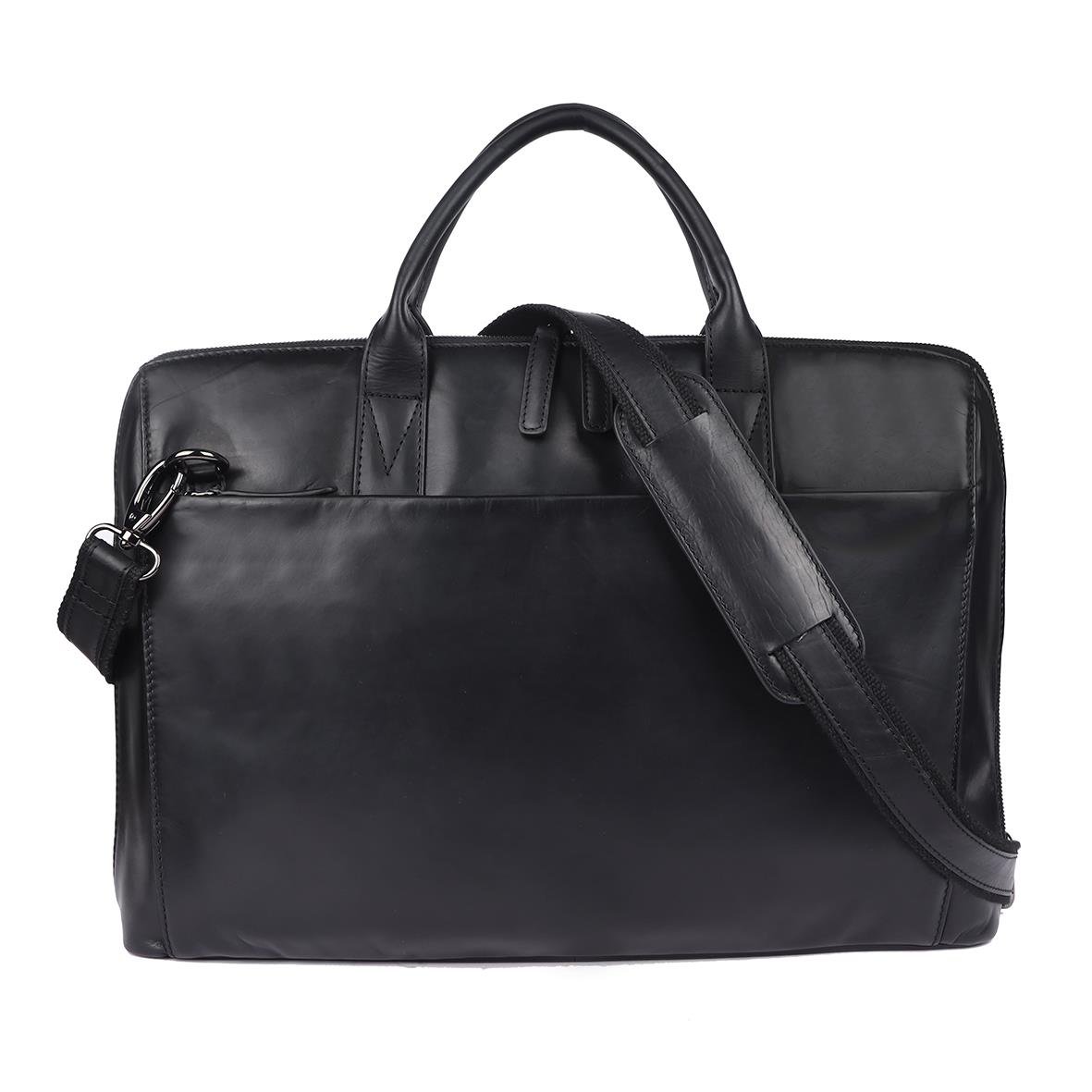 Svart skinn datorväska för 15 tum med handtag och axelrem