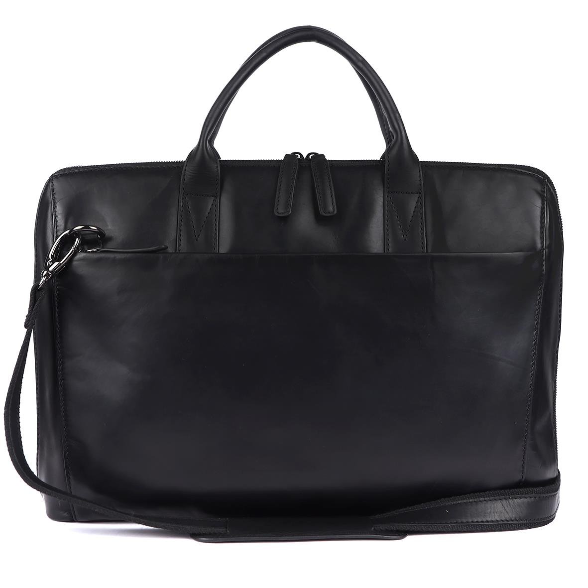 Svart skinn Datorväska Minori för 15 tum med handtag och axelrem