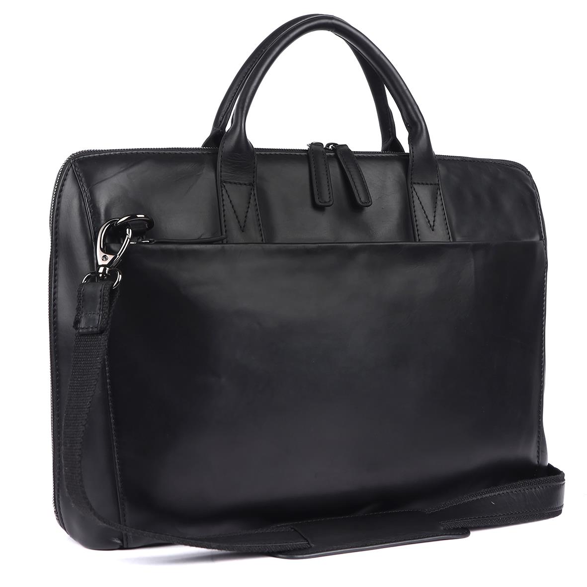 Svart skinn datorväska för 15 tum med handtag och axelrem