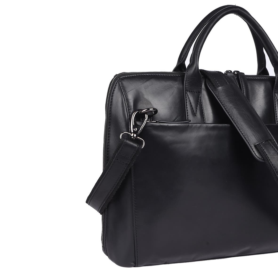 Svart skinn Datorväska Minori för 15 tum med handtag och axelrem