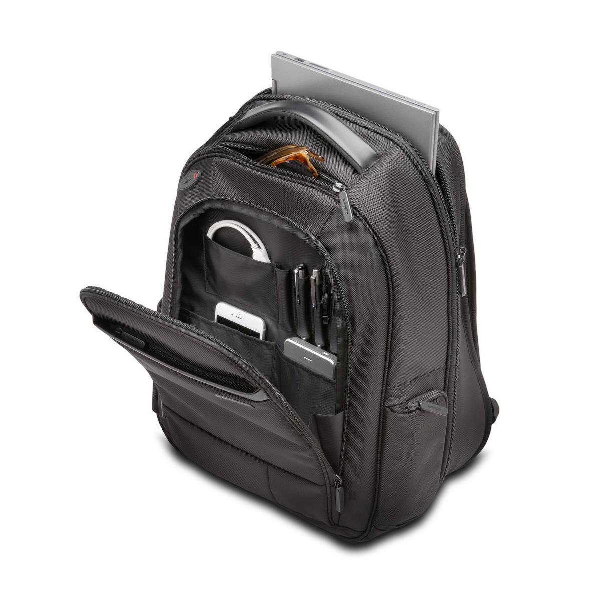 Svart Kensington Contour 2.0 ryggsäck med plats för 17-tums laptop och flera fack för tillbehör