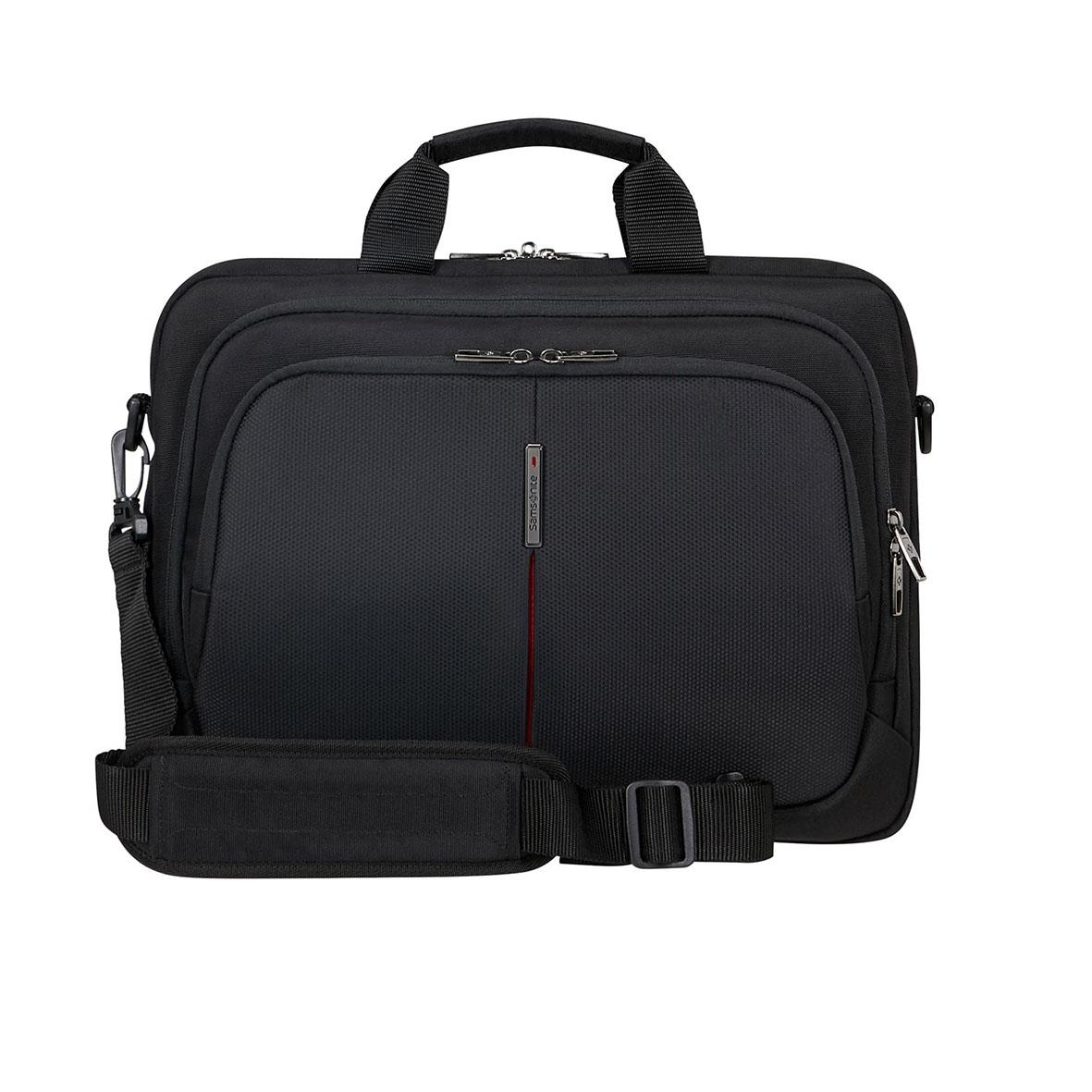 Svart laptopväska med handtag och axelrem, flera fack och dragkedjor