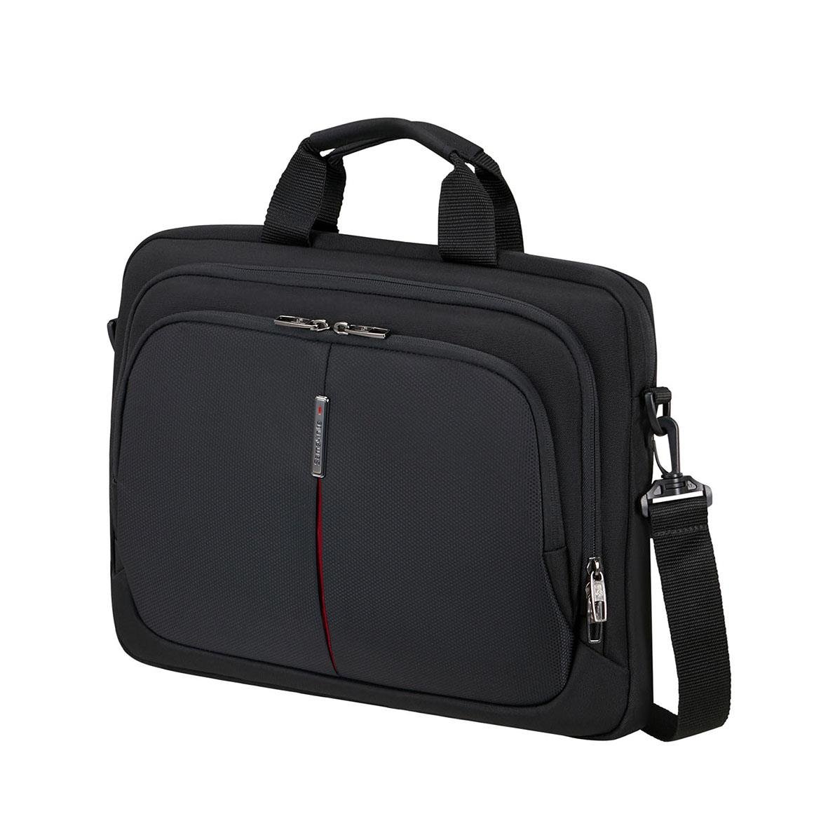 Svart laptopväska med handtag och axelrem, flera fack och blixtlås
