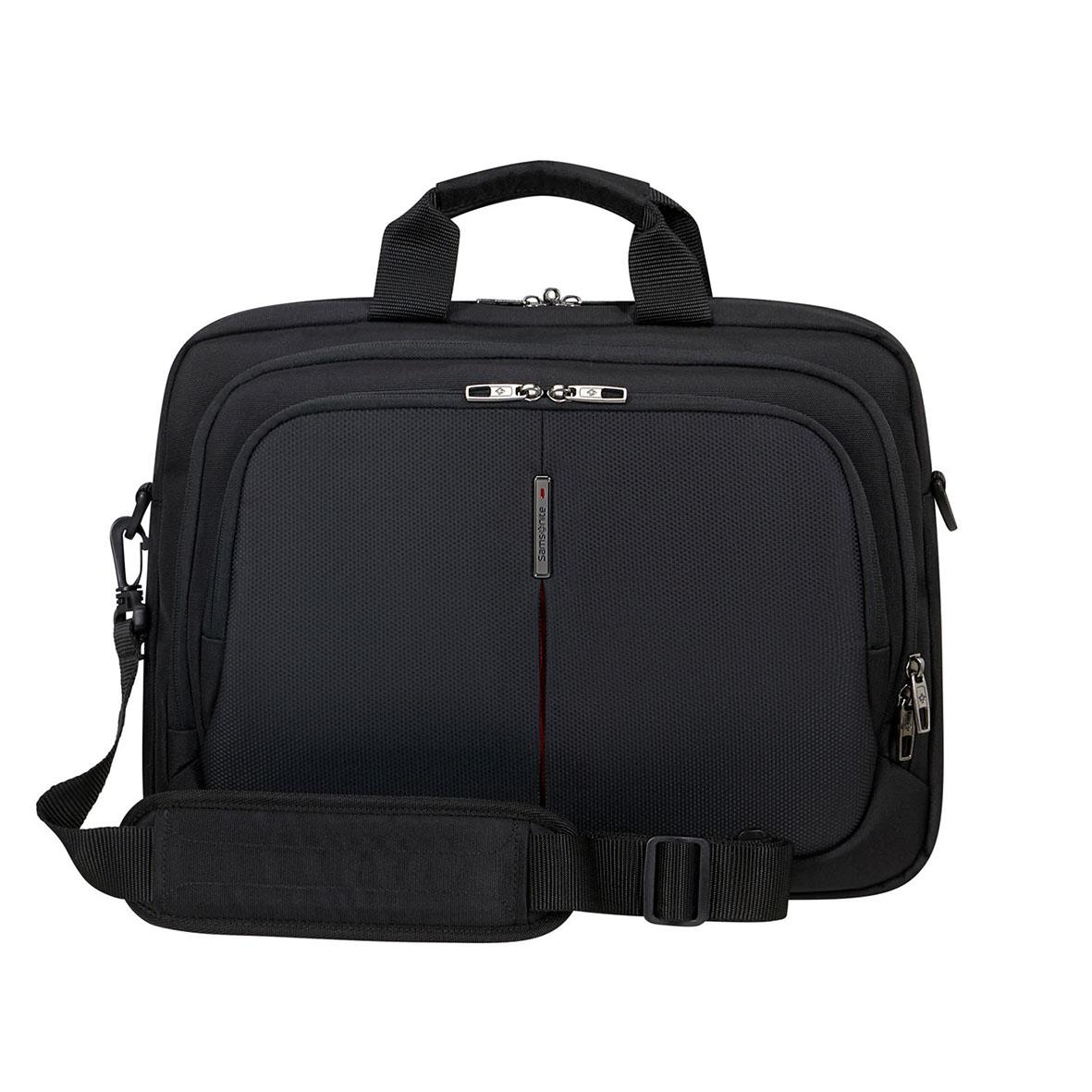 Två svarta laptopväskor med handtag och axelremar