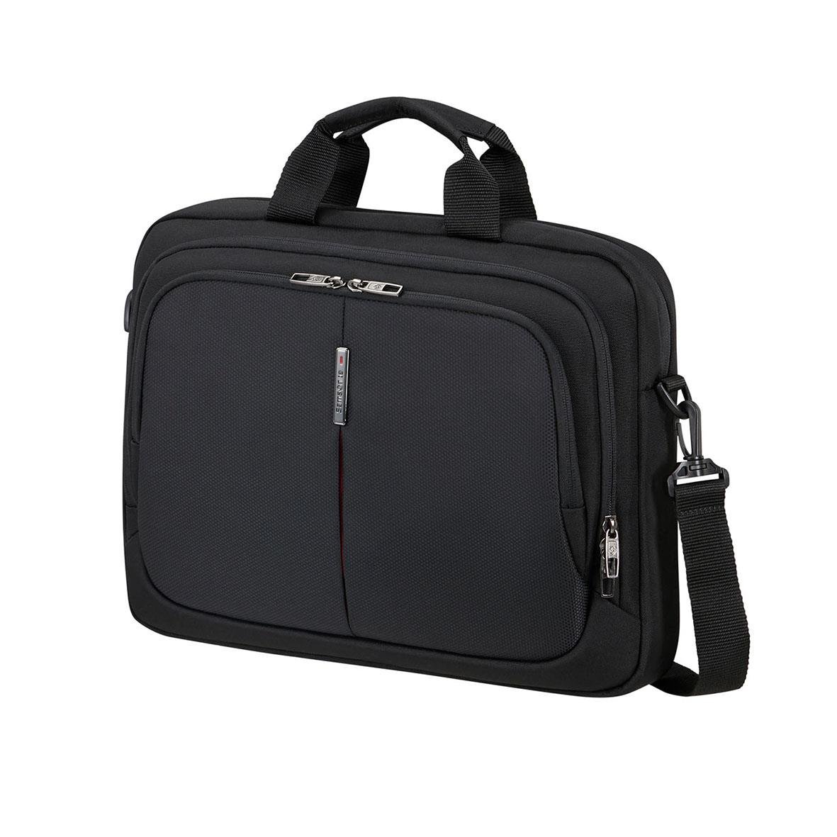 Svart laptopväska med handtag och axelrem, flera fack och blixtlåsdetaljer