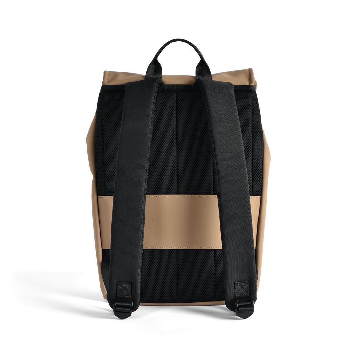 Ryggsäck med beige och svart design, handtag upptill och vadderade axelremmar