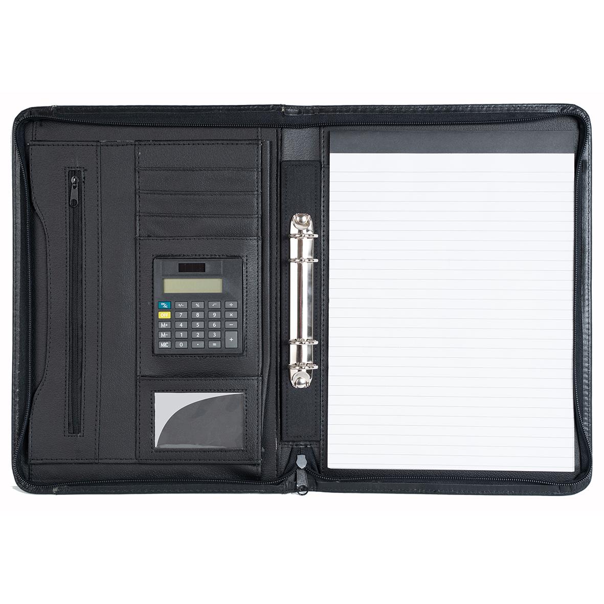 Svart dokumentmapp med ringmekanism och plats för anteckningar och kort