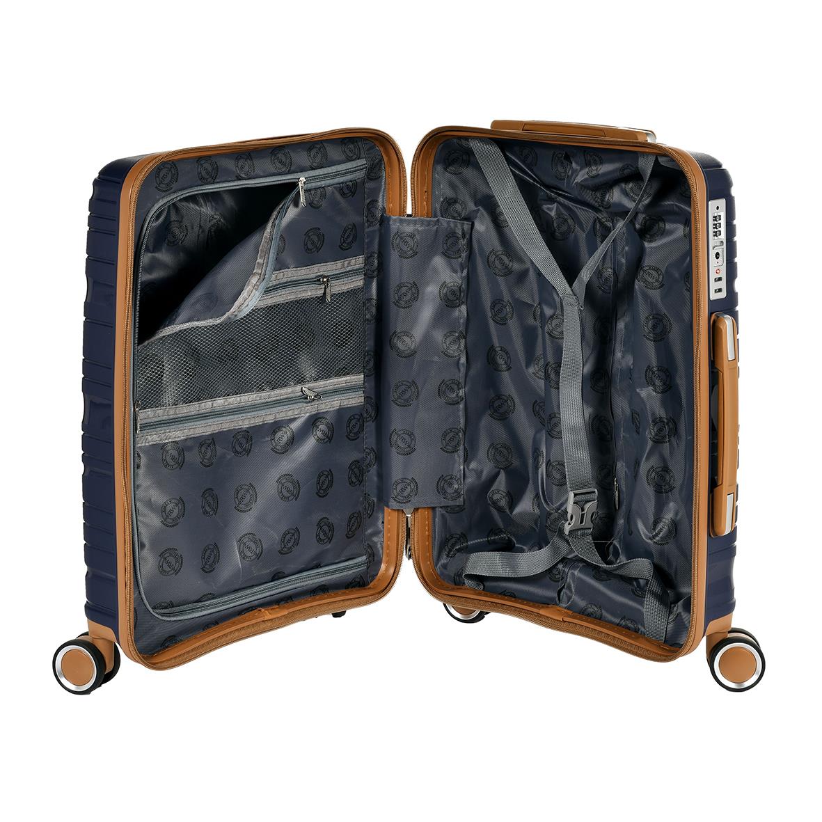 Blå resväska från RW Trawel Alfrida Collection med flera fack och hjul, öppen för visning