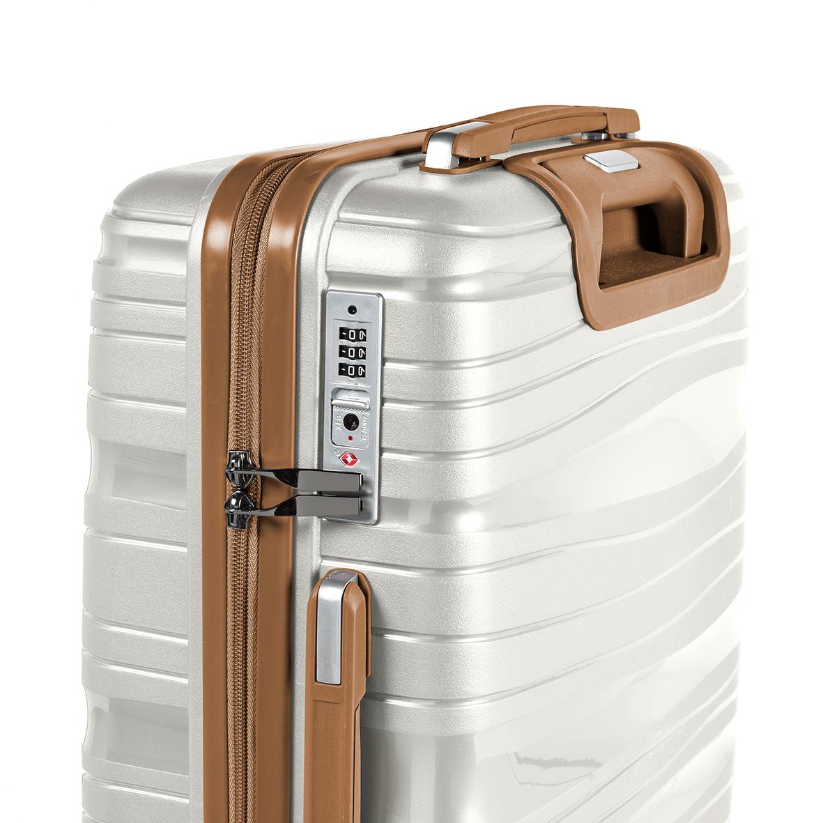 Vit resväska från RW Trawel Alfrida Collection 3-set med kombinationslås och bruna detaljer