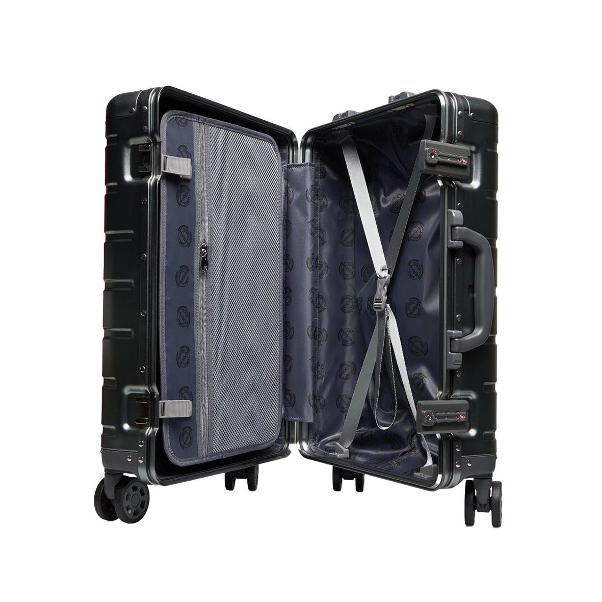 Resväska RW Trawel Aluminium 20 tum i silver med öppnad inredning och hjul