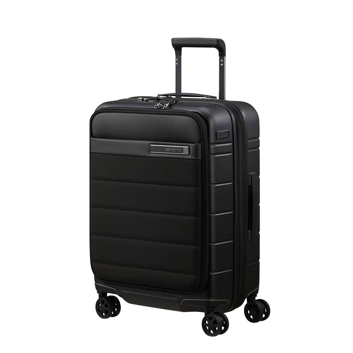 Svart Samsonite Neopod Expand kabinväska med frontficka och fyra hjul, 55cm