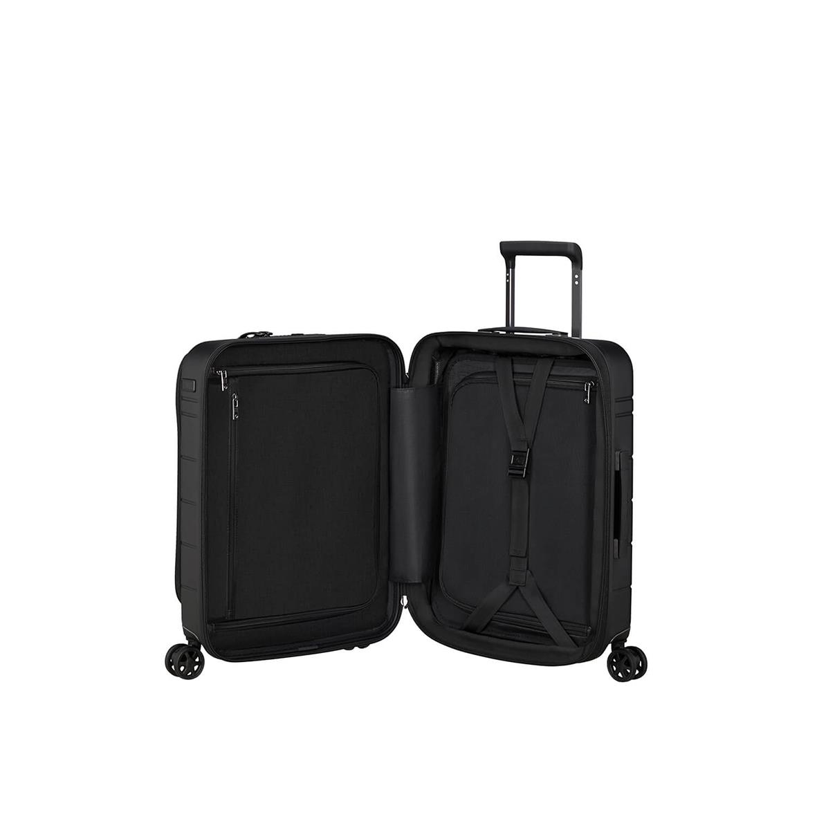 Svart Samsonite Neopod Expand kabinväska med frontficka och 55cm storlek, öppen för att visa inuti