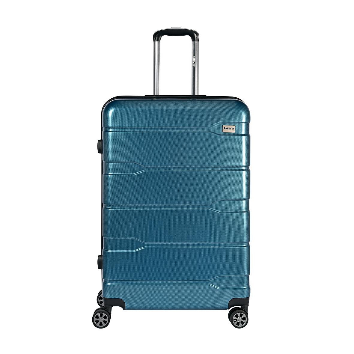 Blå resväska med fyra hjul och teleskophandtag