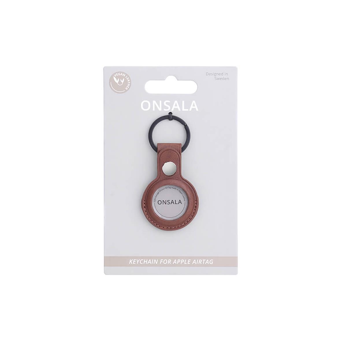 Brun nyckelringhållare för Apple Airtag med Onsala branding