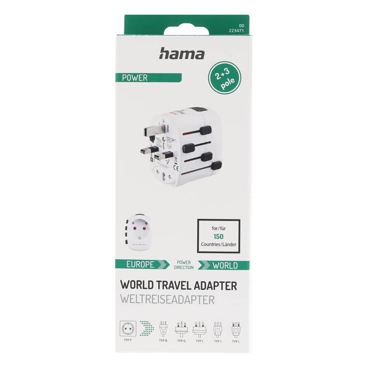 Reseadapter Hama Pro EU-World 3-Pin för olika länder, kompakt och lätt att använda