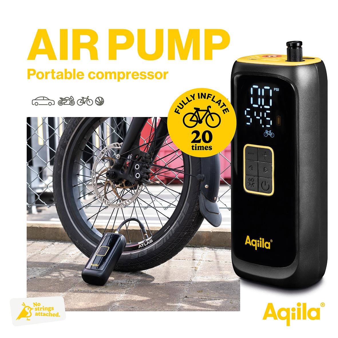 Bärbar luftpump Aqiila Airbird C4 för cyklar, motorcyklar och bilar, batteridriven med digital display och fullständig inflation upp till 20 gånger