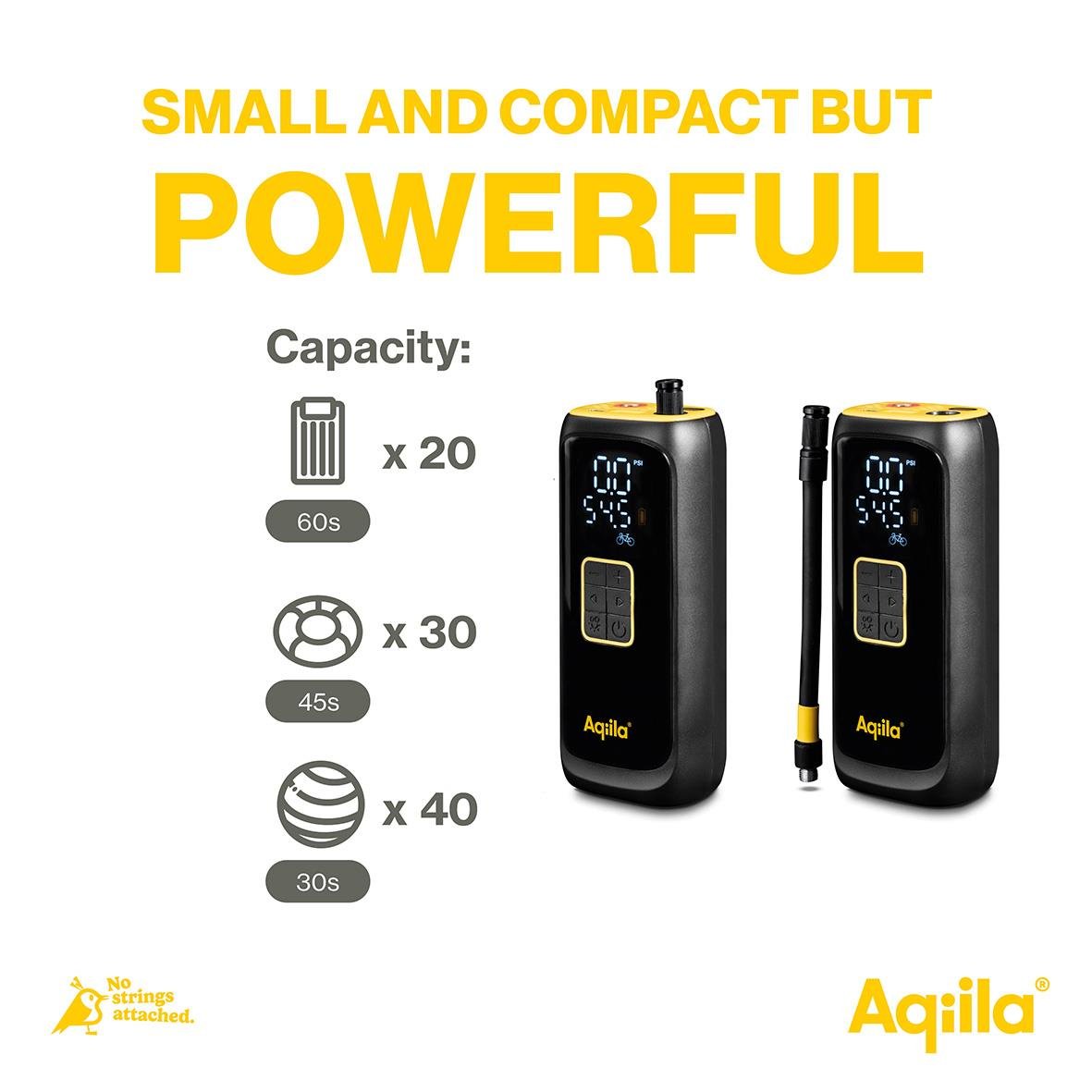 Batteridriven luftpump Aqiila Airbird C4, liten och kraftfull, med kapacitet för att pumpa 20 däck, 30 bollar och 40 andra föremål.