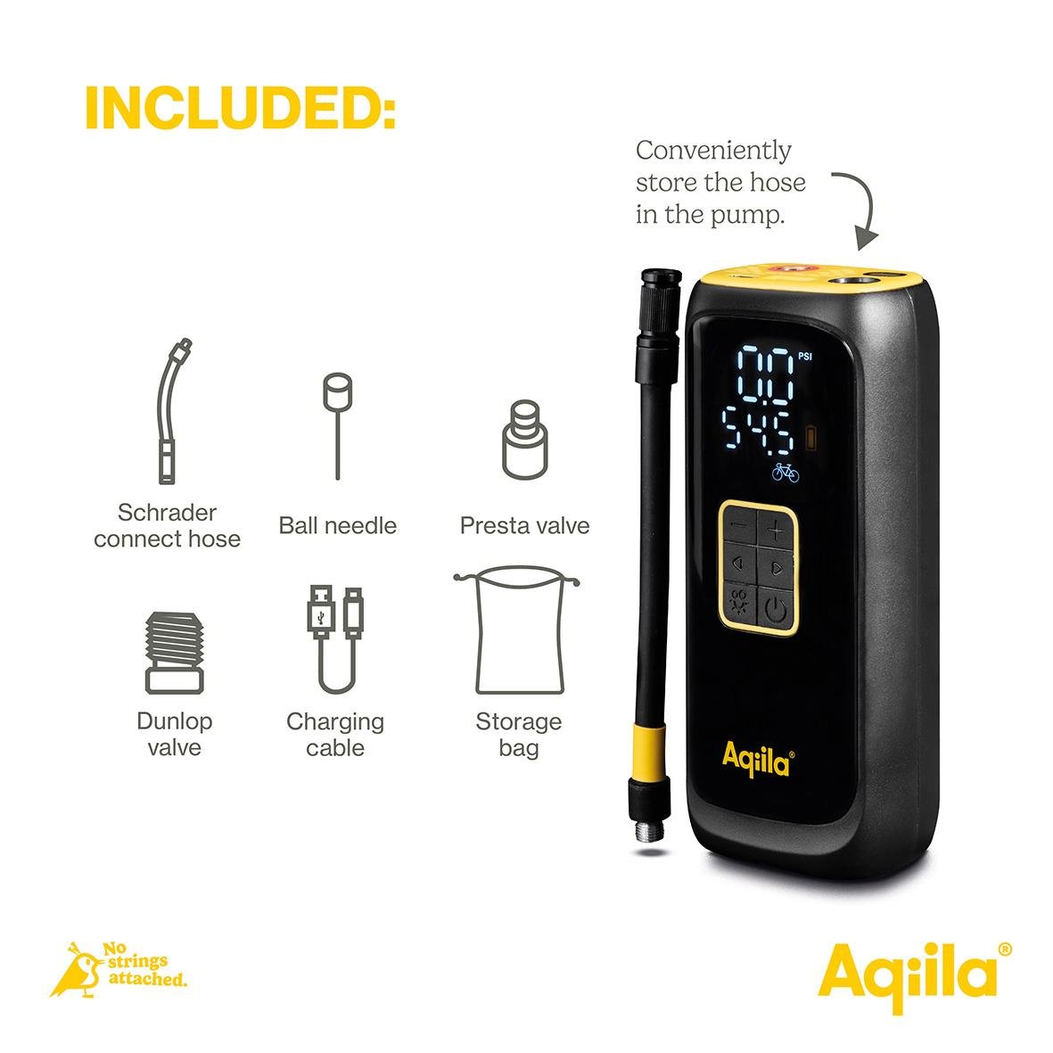 Luftpump Aqiila Airbird C4 batteridriven med skruvanslutning, bollnål, Presta-ventil, Dunlop-ventil, laddningskabel, förvaringspåse och display