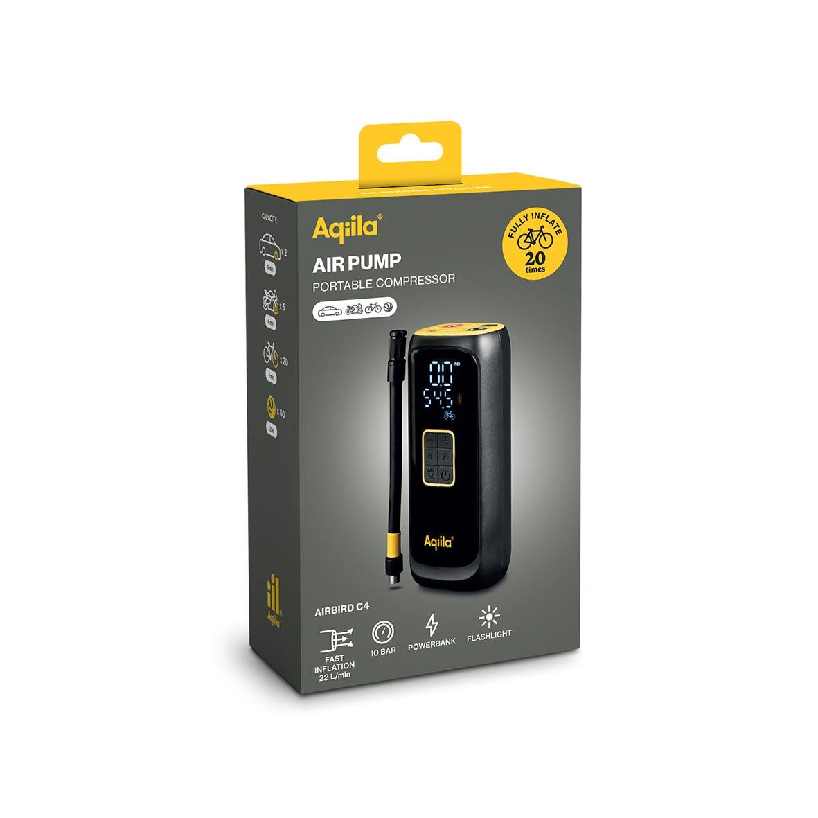 Batteridriven luftpump Aqiila Airbird C4 i svart och gult för cyklar och däck