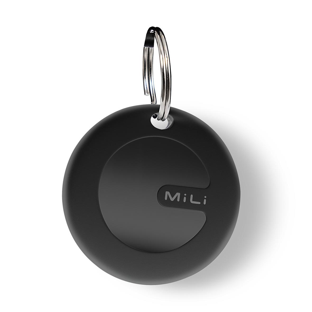 Svart liten tracker med nyckelring och MiLi-logga