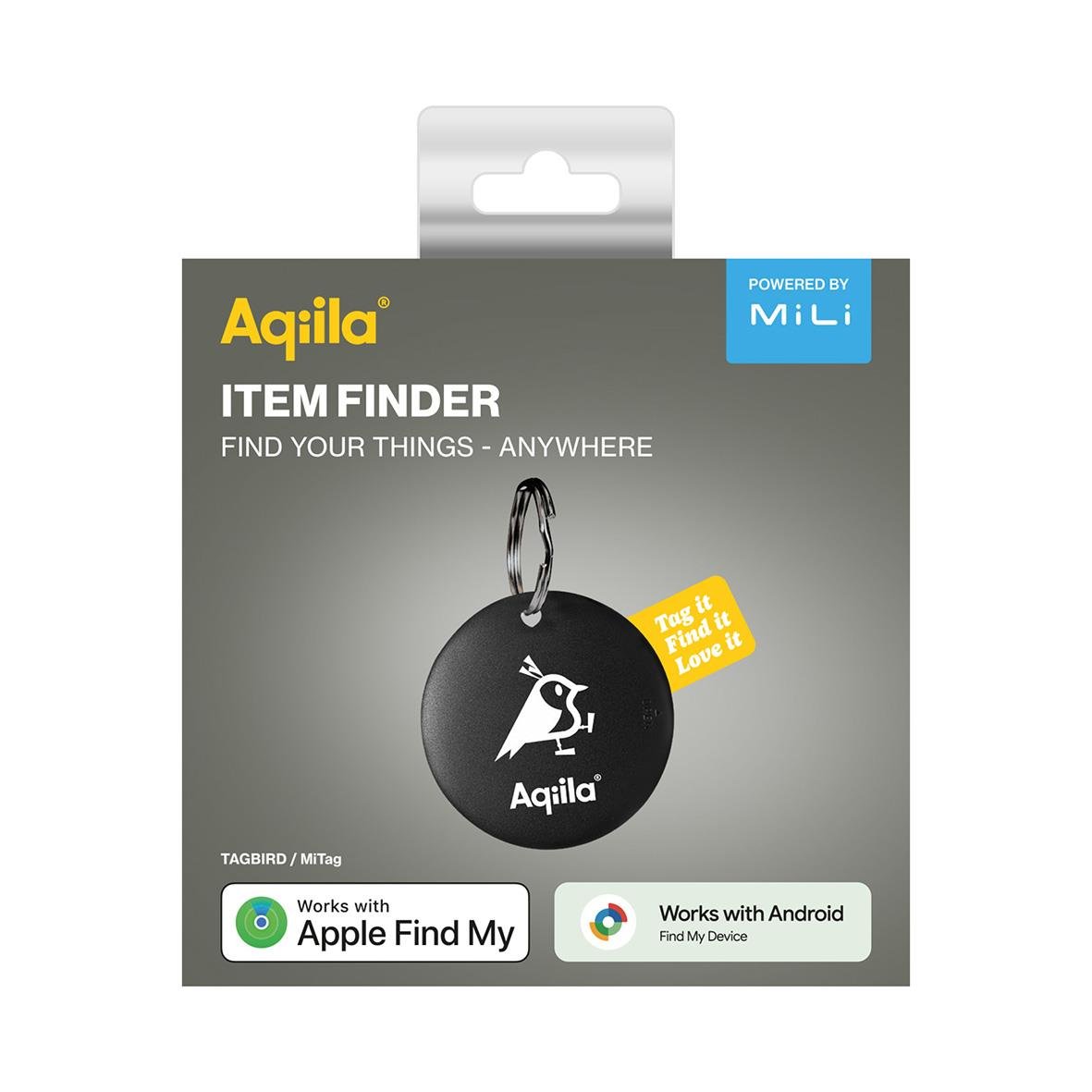 Tracker Aqila Tagbird i förpackning med nyckelring och kompatibilitet med Apple Find My och Android