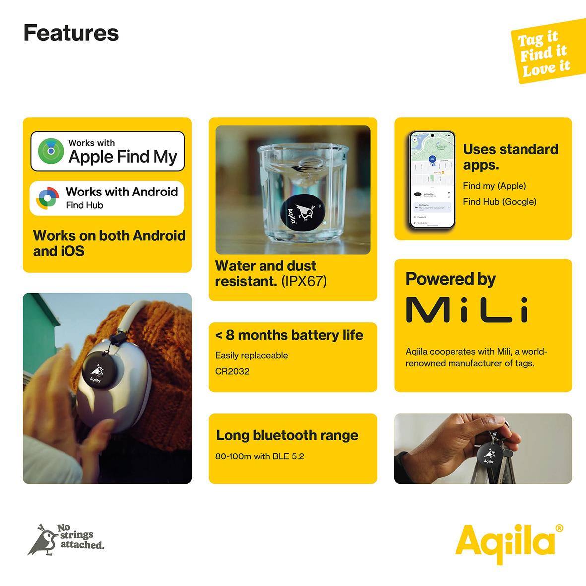 Tracker Aqila Tagbird med vatten- och dammbeständig design, lång batteritid och Bluetooth-räckvidd, kompatibel med Apple och Android