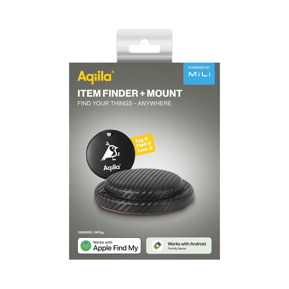 Tracker Aqiila Tagbird med monteringshölje och Apple Find My kompatibilitet