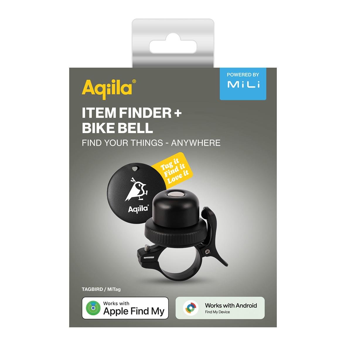 Tracker Aqiila Tagbird med ringklocka för cykel och nyckelring, kompatibel med Apple Find My och Android