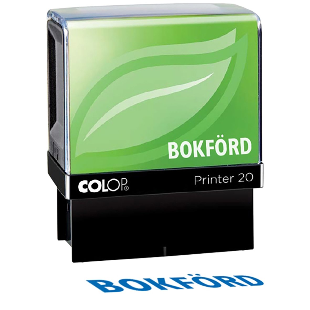 Colop Green Line 20/L bokföringsstämpel med grönt bladmotiv och bokförd text