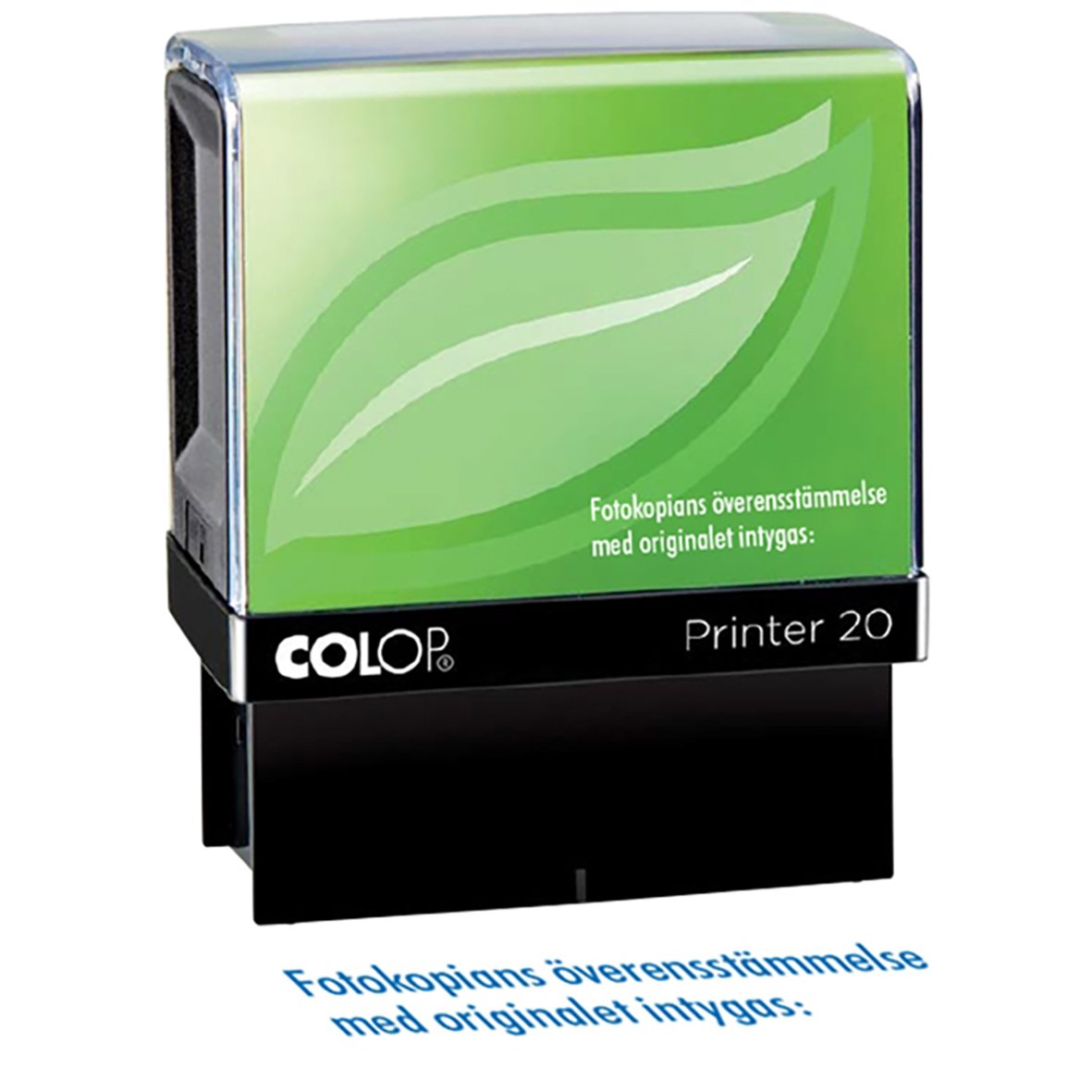 Stämpel Colop Green Line 20/L för fotokopior med grönt bladmotiv och text